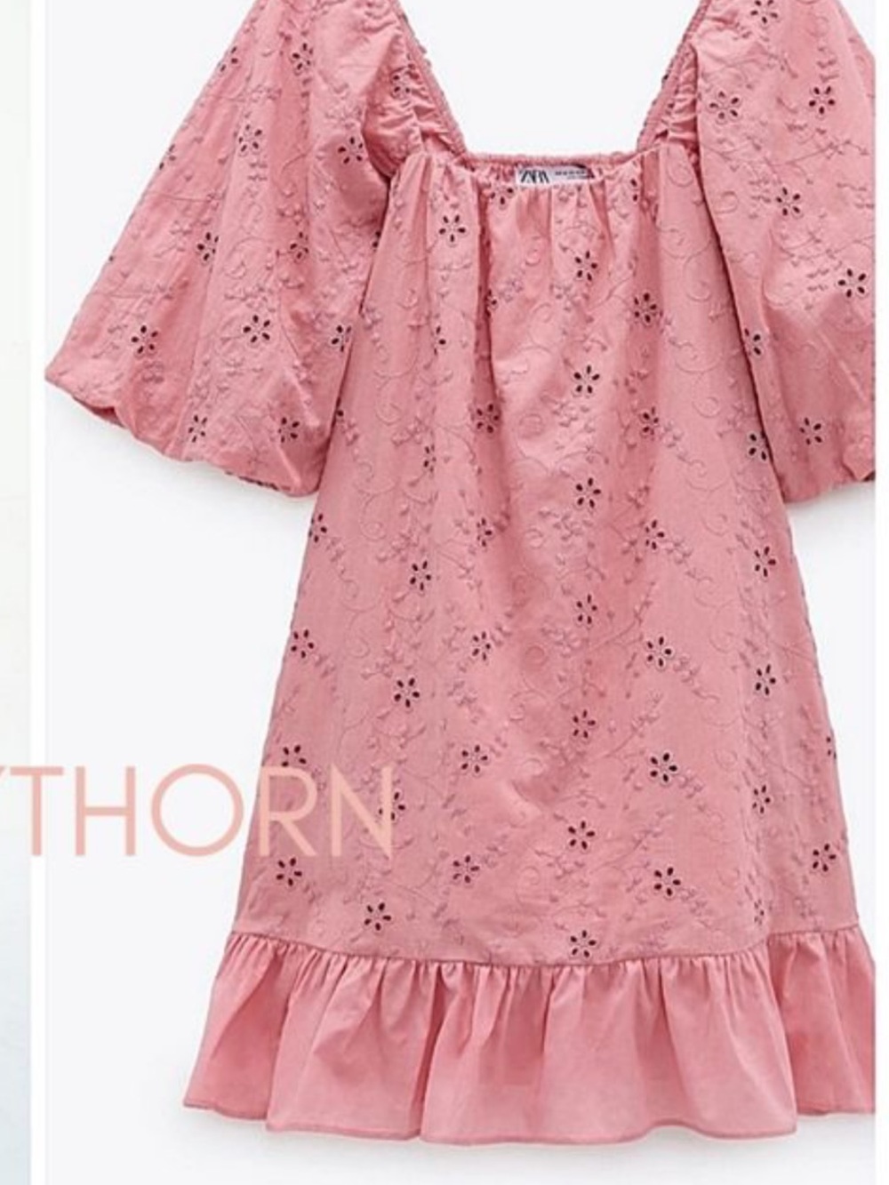 ZARA Eyelet Embroidered Puff Sleeve Babydoll Mini Dress in Pink
